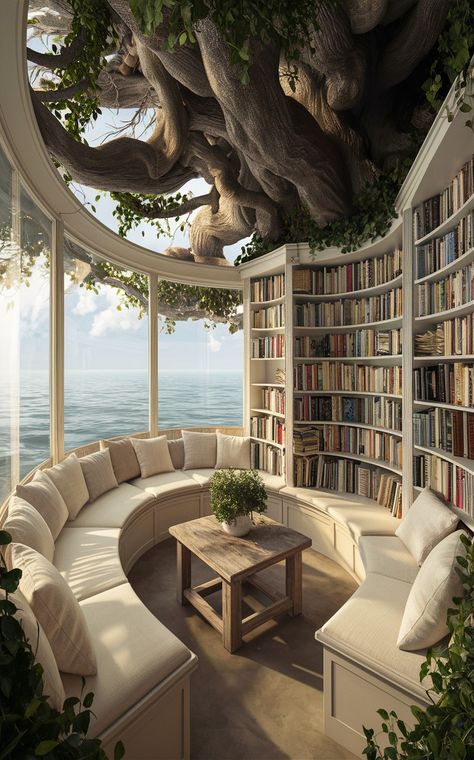 Dreamscape Library, Beach Library, Celebrity House, Dream Mansion, Dream Life House, Fantasy House, Earthship, Home Libraries, Luxury Homes Interior