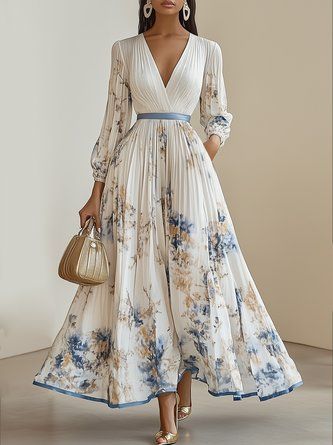 White Pleated Chiffon V Neck Floral Long Sleeve Balloon Sleeve A-Line Maxi Dress A Line Formal Dress With Sleeves, Summer Dresses Flowy Long, Pleated Long Sleeve Dress, Guest Wedding Dresses Summer, Boho Style Dresses Summer, Modest And Elegant Dresses, Elegant Womens Outfits, Old World Fashion, Romantic Womens Fashion