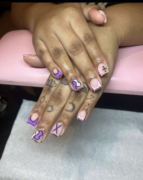 Purple French Tip Nails Square, Purple Kaws, No No, Girly Acrylic, Purple Acrylic Nails, Acrylic Toe Nails, Hard Nails, Purple Nail Designs, Ombre Acrylic Nails