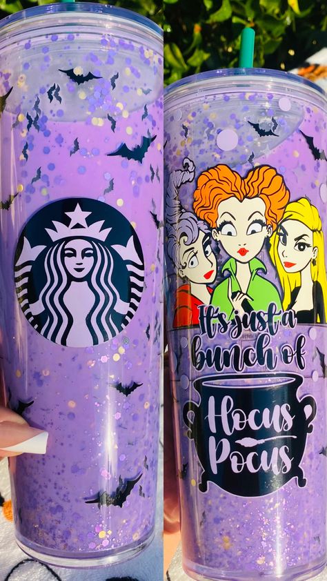 Hocus Pocus Sublimation Tumbler, Fall Snowglobe Tumbler Ideas, Hocus Pocus Starbucks Cup, Cricut 2023, Hocus Pocus Tumbler, Starbucks Ideas, Decorated Cups, Snowglobe Tumblers, Starbucks Cup Design