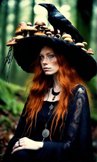 Witch with a mushroom hat, a crow on it. Mushroom Witch Cosplay, Red Hair Witch Costume, Mushroom Witch Costume, Black Mushroom Hat, Earth Witch Aesthetic, Dark Forest Witch, Mushroom Cosplay, Witch Mushroom, Crow Witch