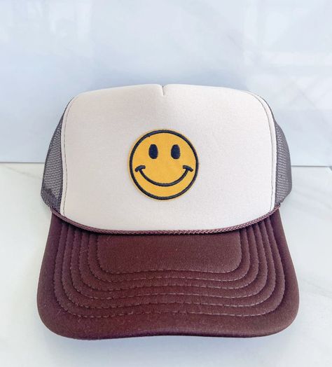 Spread some happiness with this smiley face trucker hat! One size fits most // Adjustable // 100% polyester front & 100% nylon mesh back Snap enclosure Otto brand Handmade in sunny California :) Trendy Hat, Sunny California, Happy Face, Smiley Face, Smiley, Trucker Hat, Cute Outfits, California, Mesh