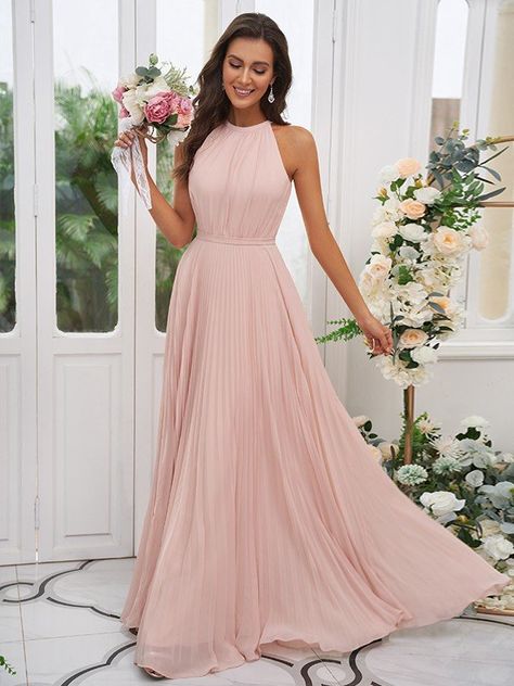 A-Line/Princess Chiffon Ruffles Halter Sleeveless Floor-Length Bridesmaid Dresses - Hebeos Dresses Quinceanera, Long Bridesmaid Dress, Vestidos Prom, Chiffon Ruffle, Chiffon Bridesmaid, Wedding Bridesmaid Dresses, Quinceanera Dresses, Celebrity Dresses, Wedding Party Dresses