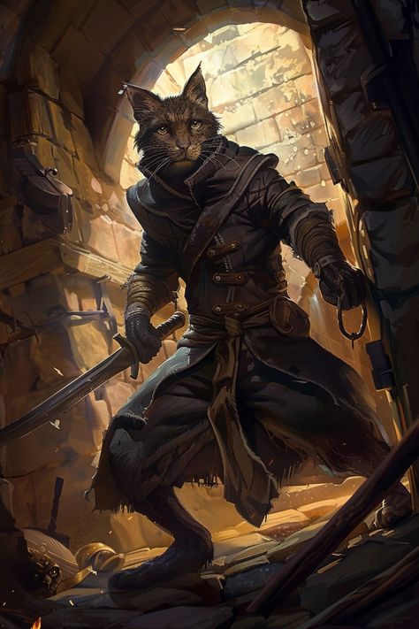 Tabaxi Rogues prowl the shadows with the agility of an acrobat and the stealth of a silent gust of wind. Their sleek fur, often adorned with intricate patterns akin to a tapestry, hints at their connection to the untamed wilderness. Tabaxi Paladin, Rogue 5e, Tabaxi Art, Rogue Archetypes, Dnd Tabaxi, Tabaxi Rogue, Dnd Cat, Arcane Trickster, Gust Of Wind