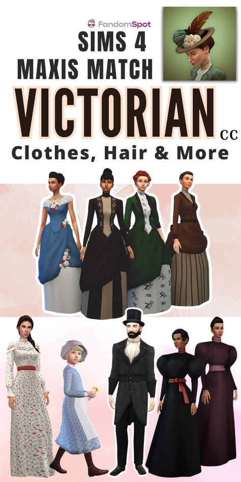 Need some victorian-era CC for a TS4 decades challenge? Well this list has everything you need for custom clothes, CAS hairstyles, accessories, and so much more. Sims Decades Challenge 1890, Sims 1800s Cc, Decade Challenge Sims 4 Cc, Sims 4 Time Period Cc, Victorian Mods Sims 4, Sims4 Decades Cc, Decades Cc Sims 4, Sims 4 Historical Clothes, Sims 1890 Cc