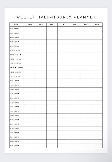 Weekly Half-Hourly Planner - Printable Schedule, Hourly Planner, Timesheet, Time Blocking, Work From Home, Time Log, Timetable Planner

This printable weekly planner is perfect for staying organized and productive. Use it to track your time, set goals, and stay on top of your tasks. The half-hourly format is perfect for those who need to plan their day in detail. The planner is also great for work Revision Timetable Template, Time Blocking Printable, Timetable Planner, Study Planner Printable Free, Time Blocking Schedule, Best Weekly Planner, Printable Schedule, Timetable Template, Daily Planner Printables Free