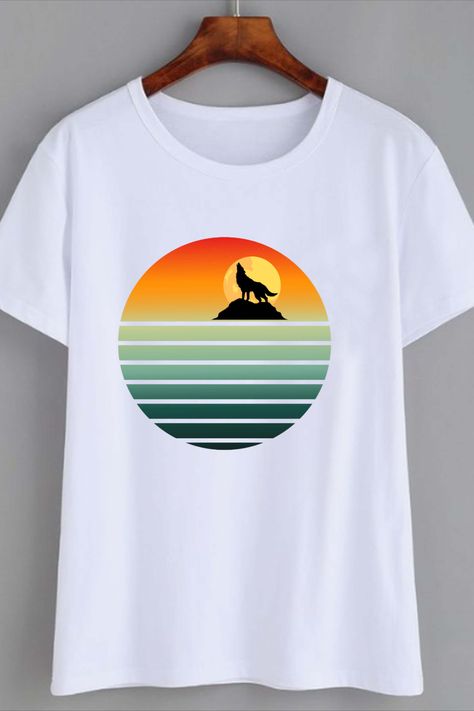 Printed Tshirts, Mens Printed T Shirts, Retro Sun, Summer Tshirt, Howling Wolf, Sun Set, Sublimation Prints, Trendy Graphic Tees, Retro T Shirt