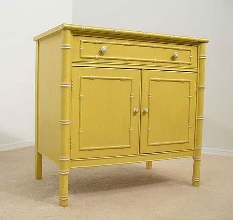 Storage Furniture - yellow FAUX BAMBOO cabinet console Hollywood Regency - eBay (item 200339205653 end time May-12-09 19:18:00 PDT) - faux bamboo cabinet Bamboo Furniture Makeover, Bamboo Furniture Diy, Bamboo Furniture Design, Bamboo Dining Chairs, Bamboo Cabinets, Painted Bamboo, Chinoiserie Decorating, Bamboo Chair, Restroom Decor