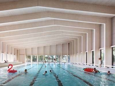 Swimming pool in London is built out of wooden portal frames and Cross Laminated Timber School Swimming Pool, Structural Engineer, Swimming Pool Architecture, Indoor Pools, Indoor Swimming Pool, Wood Architecture, Building A Pool, Timber Construction, City Of London