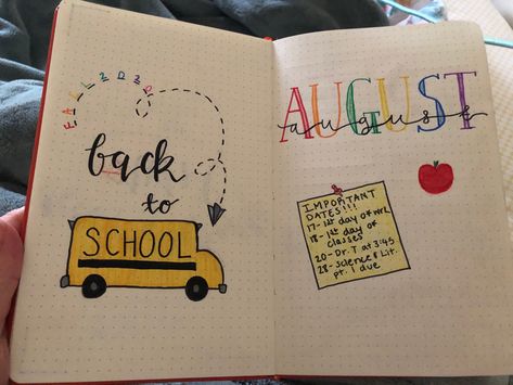 August Bullet Journal Cover Back To School, August Dot Journal Ideas, Back To School Bullet Journal Ideas, Bullet Journal Back To School, Bullet Journal Month Page, Journal Month Page, Bullet Journal Front Page, Back To School Bullet Journal, School Bullet Journal