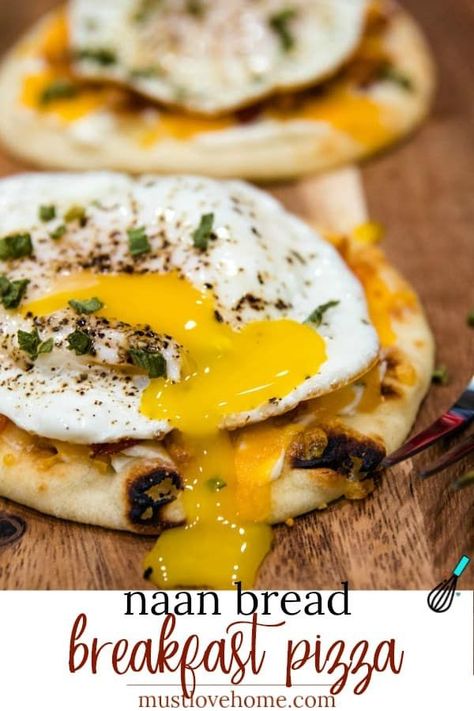 Naan Bread Breakfast Pizza with cream cheese, chives, bacon and cheese is totally delicious and an easy crowd favorite! It's ready in 10 minutes! #mustlovehomecooking Breakfast Naan Pizza, Naan Bread Breakfast, Egg Meals, Monday Breakfast, Egg Bakes, The Boiled Egg Diet, Savory Breakfast Recipes, Breakfast Pizza Recipe, Recipes With Naan Bread