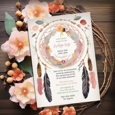 Cute Boho Dreamcatcher Baby Shower Party Invitation Bohemian Invitation, Dreamcatcher Baby, Baby Shower Party Invitations, Dream Catcher Boho, Shower Party, Baby Shower Parties, Baby Shower Themes, Wedding Accessories, Note Pad