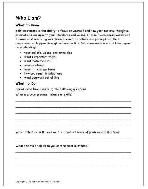 This worksheet asks teens to think about their identity, including their strengths and weaknesses, and their best qualities, skills, or talents they want to develop. It also asks teens to consider how other people see them, but in their public life and private life. 9 pages. People Pleasing Worksheets, Communication Worksheets For Teens, Life Skills For Teens Free Printable, Who Am I Worksheet, Teen Therapy Activities, Social Skills Worksheets, Strength And Weakness, Therapeutic Worksheets, Coaching Worksheets