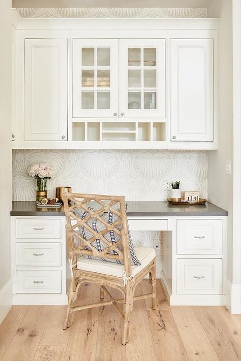 Kitchen Desk with Wallpaper on Back of Desk - Transitional - Kitchen Kitchen Office Nook, Kitchen Desk Areas, Desk Nook, Kitchen Desks, Console Styling, Kitchen Desk, Office Nook, Desk Area, Desk Areas