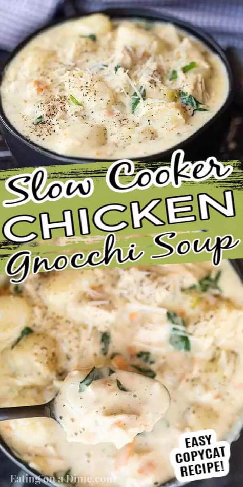 Crock pot olive garden chicken gnocchi soup will satisfy your Olive Garden craving. This creamy and hearty soup is easy and delicious. Make Olive Garden chicken gnocchi soup in crock pot for the best homemade copycat recipe. Chicken and gnocchi soup with heavy cream is easy in the slow cooker. #eatingonadime #olivegardenchickengnocchisoup #crockpot Cream Of Chicken And Gnocchi Soup, Slow Cooker Chicken And Gnocchi, Chicken Gnocchi Recipes Crock Pot, Creamy Chicken Gnocchi Soup Crock Pot, Crockpot Copycat Recipes, Chicken Gnocchi Crockpot Recipes, Crock Pot Gnocchi Recipes, Chicken Gnocchi Soup Crockpot, Crock Pot Olive Garden Chicken