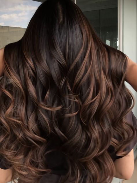 Caramel Babylights On Black Hair, Dark Chocolate Brown Highlights, Expresso Highlights On Brown Hair, Mocha Highlights On Dark Hair, Blonde Hair Caramel, Warm Honey Blonde Hair, Black Hair Balayage, Brown Hair Looks, Brown Hair Inspo