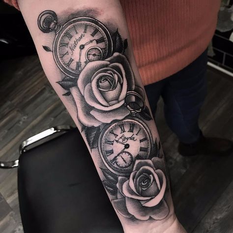 Roses and watches by Ross Nagle #RossNagle #blackandgrey #realism #realistic #roses #leaves #watches #stopwatch #text #names #script #time #nature #floral #tattoooftheday Rose Watch Tattoo, Pocket Watch Tattoo Design, Clock And Rose Tattoo, Watch Tattoo Design, Pocket Watch Tattoos, Rose Watch, Watch Tattoo, Tattoos With Kids Names, Mommy Tattoos