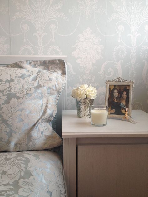 Duck egg bedside table feature wall damask Laura Ashley josette wallpaper Blue Wallpaper Bedroom Ideas, Duck Egg Blue Decor, Duck Egg Bedroom, Blue Wallpaper Bedroom, French Blue Bedroom, Duck Egg Blue Wallpaper, Duck Egg Blue Bedroom, Wallpaper Bedroom Ideas, Wallpaper Bedroom Feature Wall