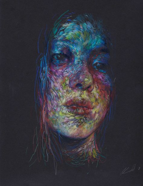 Swirling Patches of Multi-Hued Colored Pencil Compose Portraits by Linsey Levendall | Colossal Colored Pencil Portrait, Abstract Portrait Painting, Artist Pencils, Scribble Art, Sketching Techniques, Colossal Art, Visual Culture, Abstract Faces, Abstract Portrait