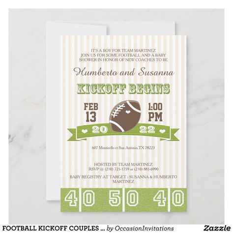 FOOTBALL KICKOFF COUPLES BABY SHOWER INVITATION | Zazzle.com Outdoor September Wedding, Football Baby Shower Theme, Football Birthday Party Invitations, Wedding Shower Card, Football Wedding, Sports Birthday Invitations, Football Baby Shower, Couples Baby Shower Invitations, Heart Wedding Invitations