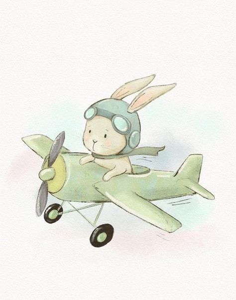 Airplane Vintage Illustration, Cute Vintage Animal Drawings, Vintage Watercolor Illustration, Watercolor Kids Illustration, Kids Illustration Art, Baby Watercolor Painting, Bunny Watercolor Painting, Children Book Illustration Watercolor, Vintage Airplane Art