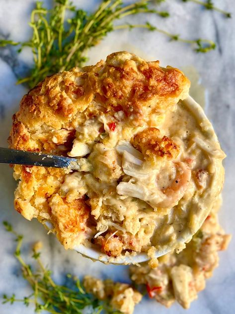 Cheddar Bay Biscuit Seafood Pot Pie | kingcooks Seafood Potpie, Biscuit Pot Pie, Seafood Pot Pie, Seafood Pot, Cheesy Biscuits, Cheesy Biscuit, Homemade Apple Butter, Cheddar Bay Biscuits, Seafood Entrees