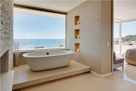 Love the raised bath... Cream Bathroom, Bathroom Stand, Camps Bay, Pretty Bathrooms, Amazing Spaces, White Rooms, Contemporary Interior Design, Beach View, Beautiful Bathrooms