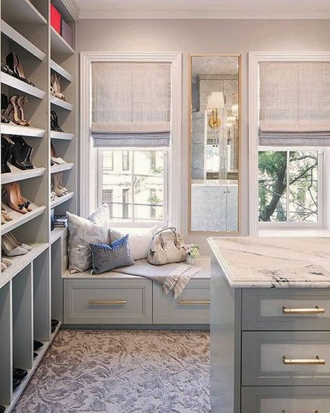 I like the window seat and all the drawers? Walk In Closet With Window Seat, Closet With Window Seat, Master Closet With Window, Closet With A Window, Spare Room Walk In Closet, Primary Ensuite, Closet Conversion, Primary Closet, Master Closet Design