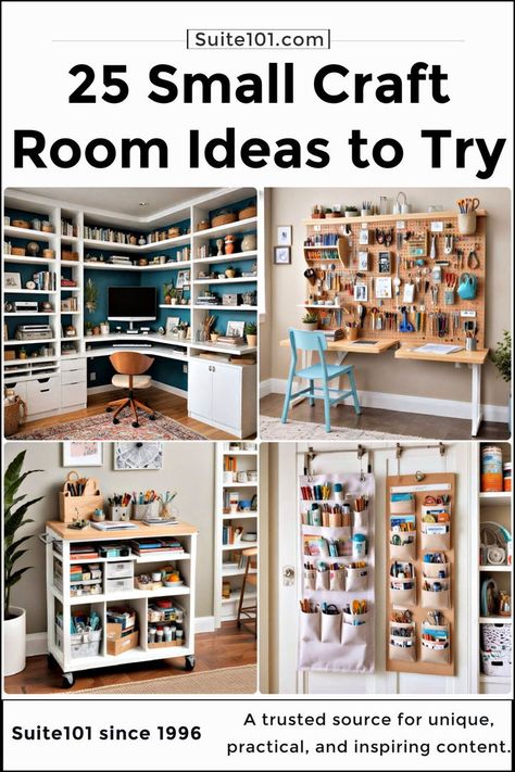 25 Small Craft Room Ideas That Do More With Less Elegant Sewing Room, Small Sewing Area Ideas, Small Closet Craft Room Ideas, Wall Shelves For Craft Room, Craft Room Ideas For Adults, Shared Craft Room, Craft Room Small Space Ideas, Modern Craft Room Ideas, Small Craft Space Ideas Workspaces