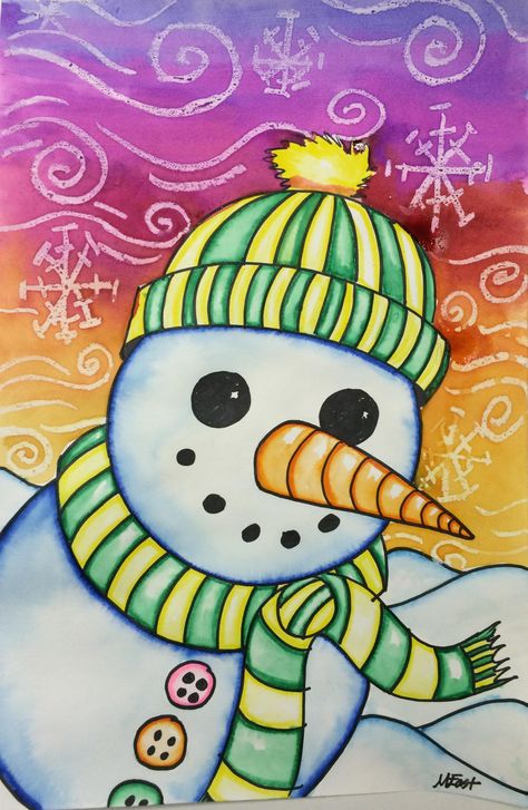 Snowman Painting with Markers & Watercolor Resist! Marker bleeding technique Painting With Markers, Art Club Projects, Elementary Art Lesson Plans, Sunflowers Art, January Art, Snowman Art, Winter Art Lesson, Christmas Art Projects, Winter Art Projects