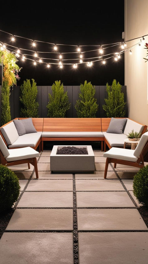 A small concrete patio featuring a modern fire pit, surrounded by simple backyard landscaping ideas for a cozy and stylish outdoor space. Backyard Eating Spaces, Small Patio With Fire Pit, Small Patio Fire Pit Ideas, Modern Backyard Design Ideas, Fire Pit Small Backyard, Fire Pit Ideas Backyard Seating, Small Concrete Patio, Concrete Backyard Ideas, Hardscape Ideas Backyard