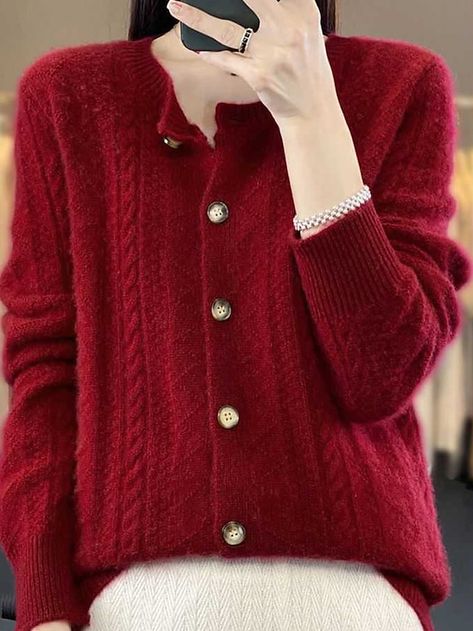 Knitted Buttons, Vino Color, Cheap Cardigans, Cable Cardigan, Elegante Casual, Button Sweater, Cardigan Sweater Jacket, Knit Style, Fall Fabric