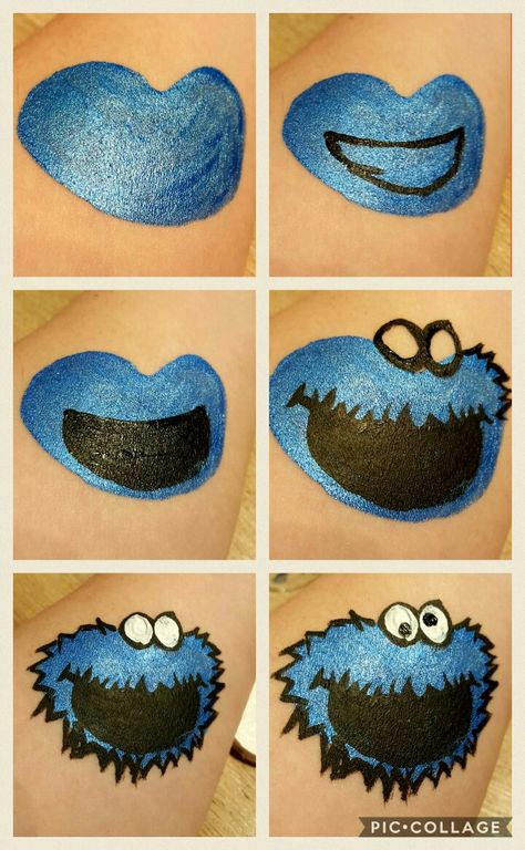 Step by step cookie monster facepainting by Daniëlle Cookie Monster Makeup Halloween, Cookie Monster Face Paint, Monster Face Paint, Kids Face Painting Easy, Monster Face Painting, Mime Face Paint, Face Painting For Boys, Pregnant Belly Painting, Monster Makeup