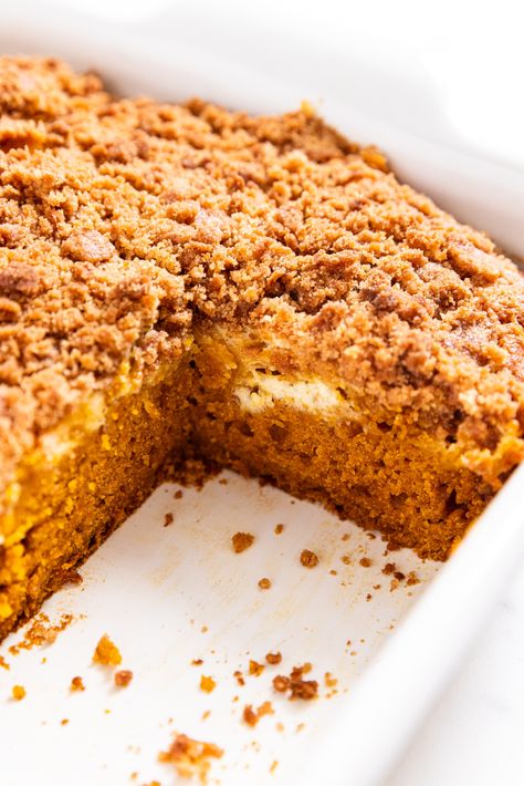 Pumpkin Coffee Cake with Cheesecake Swirl Pumpkin Spice Coffee Cake, Spice Coffee Cake, Chocolate Chip Coffee Cake, Cinnamon Streusel Topping, Pumpkin Coffee Cake, Cake Portions, Cake With Cinnamon, Pumpkin Coffee Cakes, Cinnamon Streusel