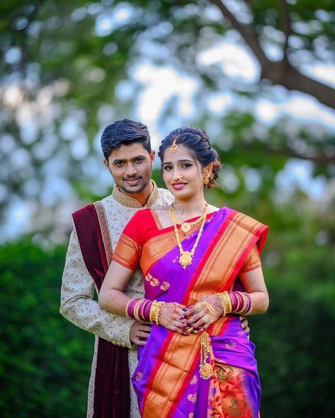 So, if you are having an intimate Maharashtrian wedding just like this couple, then we suggest you bookmark these latest Marathi couple portraits that are fresh, cute and adorable to get clicked for your wedding album. #shaadisaga #indianwedding #couplephotoshoot #couplephotography #couplephotoshootposes #couplephotoshootromantic #couplephotoshootideas #couplephotoshootoutfits #couplephotoshootwinter #couplephotoshootoutdoor #couplephotoshootcreative #couplephotoshootfun #couplephotographyideas Marriage Couple Stills, Vaidik Couple Pose, Marathi Wedding Couple Poses, Marathi Couple Photo, Wedding Stills Couples, Vaidik Marriage, Maharashtrian Wedding Couple Poses, Marathi Wedding Couple Poses Photography, Stills For Couples