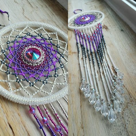 White, fuschia, purple large beaded suncatcher by BeadingsbyBarb Large Beads Decor, Beaded Dream Catcher Tutorial, Bead Dreamcatcher, Beaded Suncatchers, Beaded Dream Catcher, Caramels Recipe, Beaded Dreamcatcher, Homemade Caramels, Atrapasueños Diy