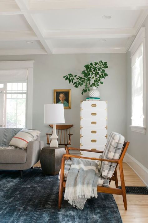 Aloof Gray Sherwin Williams, Aloof Gray, Gray Sherwin Williams, Vintage Inspired Rugs, Gray Paint, Coastal Living Rooms, Emily Henderson, Vintage Living Room, Living Room Colors