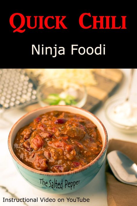 You can make Quick Chili in the Ninja Foodi (or any pressure cooker) that tastes like it simmered for hours... in under 30 minutes! #NinjaFoodiChili #NinjaFoodiEasyRecipe #NinjaFoodiRecipes #NinjaFoodi #QuickChili #EasyChili via @The Salted Pepper Ninja Foodi Recipes Chilli, Ninja Possible Cooker Pro Recipes, Ninja Foodi Chili, Quick Chili Recipe, Quick Chili, Ninja Cooking System, Ninja Cooking System Recipes, Ninja Recipes, Easy Chili