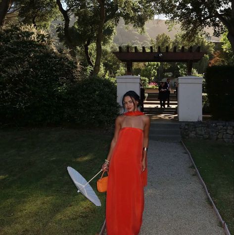 Burnt Orange Summer Dress, Strapless Wedding Guest Dress, Cabo Wedding Guest Attire, Wedding Guest Dress Strapless, Formal Dress Aesthetic, Wedding Guest Pictures, Orange Wedding Guest Dress, Country Wedding Guest Outfit, Wedding Guest Aesthetic