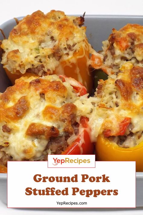 Bell peppers stuffed with seasoned ground pork, jasmine rice, and Monterey jack cheese. #food #recipe #peppers #stuffedpeppers #pork #YepRecipes Stuffed Bell Peppers With Pork, Pork Breakfast Recipes, Pork Stuffed Peppers, Recipe Peppers, Bell Peppers Stuffed, Pork Soup Recipes, Pork Food, Waffle Cone Recipe, Pork Casserole