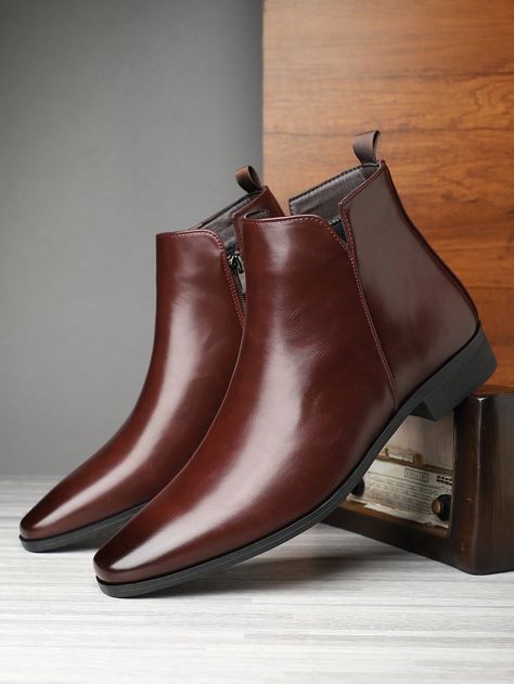 Men's British Korean Style Pointed Toe High Top Slip-Resistant Wear-Resistant Short Boots, Fashionable And Versatile Height-Increasing  Boots Burgundy    PU Leather     Men Shoes, size features are:Bust: ,Length: ,Sleeve Length: Dress Boot Men, Mens Wedding Boots, Man Boots Style, Nude Boots, Pointed Boots, Mens Dress Boots, Chelsea Boots Mens, Wedding Boots, Botas Chelsea