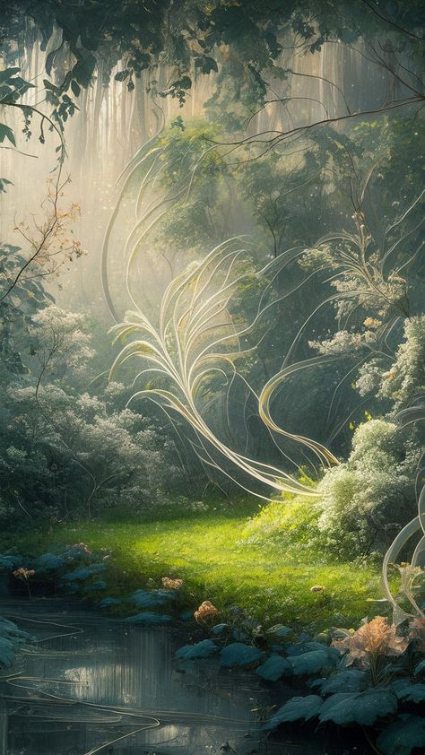 Immerse yourself in a mystical woodland glade, where ethereal beings dance in dawn's soft light. This artwork features vibrant flora, fine art nouveau patterns, and shimmering energy. A serene pond reflects the enchanting scene, evoking wonder and peace. Ideal for nature lovers and fantasy enthusiasts, this fae wallpaper invites exploration and connection with the otherworldly. #Fae #FantasyArt #NatureWallpaper #MysticalForest Ethereal Wallpapers, Fae Forest, Woodland Glade, Art Nouveau Pattern, Mystical Forest, Forest Wallpaper, Nature Aesthetic, Nature Wallpaper, Nature Lovers