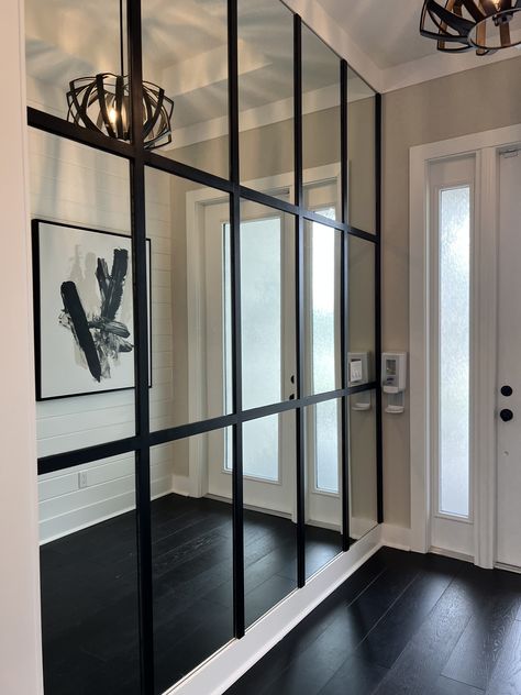 Entryway Wall Mirror Ideas, Mirror On Partition Wall, Staircase Mirror Wall, Ikea Lots Mirror Hack Wall, Home Gym Mirror Wall, Mirrors In Dining Room, Mirror Wall Dance Room, Black Squared Mirrors Windows Floor To Celing, Wall Mirror Ideas