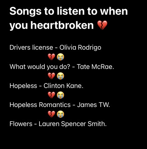 I listen to these often when going through a break-up and wanted to share them with everyone!🫶 Break Up Songs, James Tw, Breakup Playlist, Spencer Smith, Breakup Songs, Break Up, Random Stuff, I Want, To Share