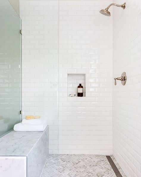 Spa Like Shower Ideas, Beveled Subway Tile Bathroom, White Beveled Subway Tile, Subway Tile Showers, Small Bathroom Diy, Tiled Bathroom, Subway Tiles Bathroom, Master Shower, Spa Like Bathroom