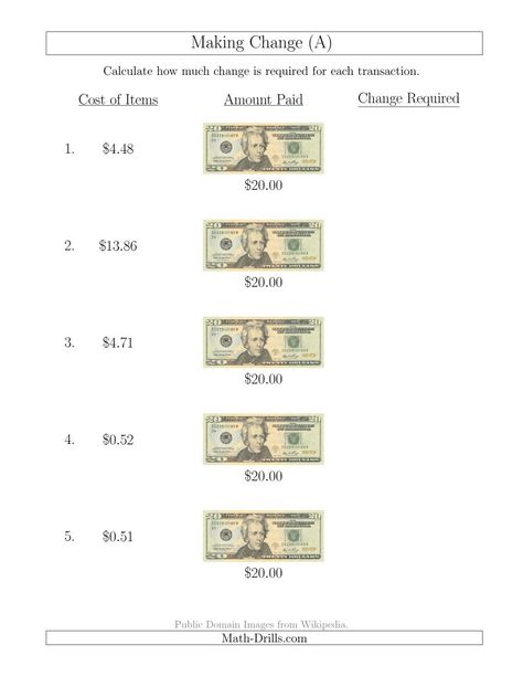 The Making Change from U.S. $20 Bills (A) Math Worksheet from the Money Worksheets Page at Math-Drills.com. Money Management Occupational Therapy, Money Math Worksheets Free Printable, Money Management Worksheets, Making Change Worksheets, Kindergarten Money Worksheets, Money Practice, Money Kindergarten, Money Learning, Learning About Money