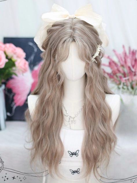 Elevate your look with our stunning light brown wavy long synthetic wig featuring trendy curtain bangs. This high-quality wig is the perfect way to switch up your style and add a touch of effortless glamour to any outfit.   Please note that this product includes only one wig. Garment Size SizeFree SizeHair Length60-65 Hairstyles For Long Hair With Bangs, Aesthetic Wigs, Cute Wigs, Wig With Curtain Bangs, Brown Hair Wig, Light Brown Wig, Trendy Curtain Bangs, Hairstyle Wigs, Windswept Hair