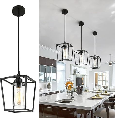 GZJunYo 1-Light Black Pendant Light Fixture Farmhouse Iron Cage Metal Pendant Light Lantern Hanging Light Fixtures with Clear Glass Shade for Kitchen Island, Entryway, Dining Room, Hallway - Amazon.com Kitchen Island Simple, Dinning Room Light Fixture, Minimalistic Pendant, Black Pendant Light Kitchen, Light Fixture Farmhouse, Black Pendant Lights, Pendulum Lights, Light Fixtures Farmhouse, Lighting For Kitchen Island