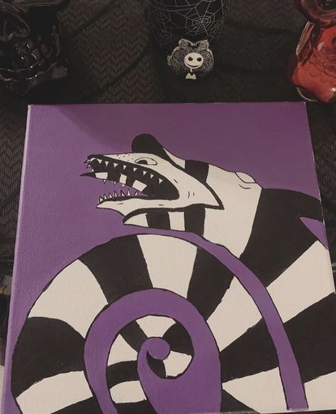 Tim Burton Canvas Painting, Tim Burton Painting Easy, Easy Beetlejuice Painting, Tim Burton Painting Ideas Easy, Bettle Juice Drawings, Beetlejuice Art Painting, Beetlejuice Painting Ideas, Beetlejuice Painting Canvas, Painting Ideas On Canvas For Men