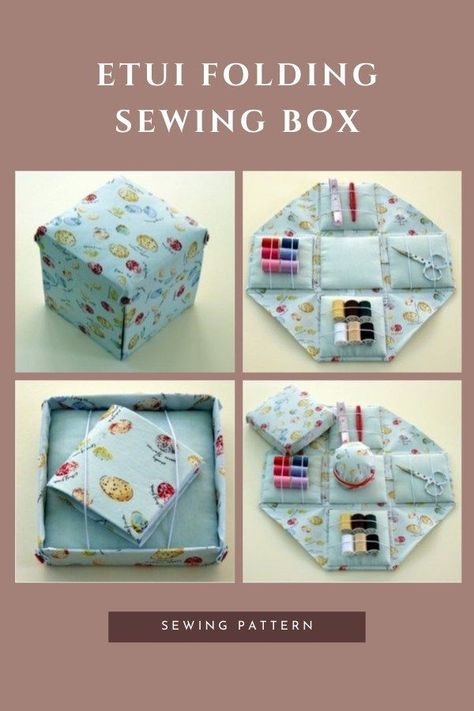 This is the pdf sewing pattern for the Etui Folding Sewing Box. Now's your chance to make your very own beautiful Etui folding sewing box, pin pot, and cushion, and needle case. It's an ingenious design that is super practical and it looks good too. The designer is sure that you will have as much fun making yours as she did. Pretty Storage Boxes, Sewing Kit Box, Sewing Kit Bag, Sewing Kit Pattern, Modern Bag, Box Patterns, Pouch Pattern, Pattern Store, Sewing Organization